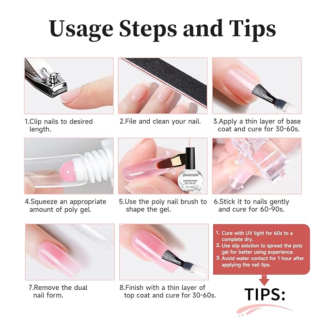 JEWHITENY Poly Nail Gel Set Clear Pink White Neutral Classic Color Poly Extension Gel With Base and Top Coat Slip Solution French Manicure for Home DIY Need U V Lamp Curing