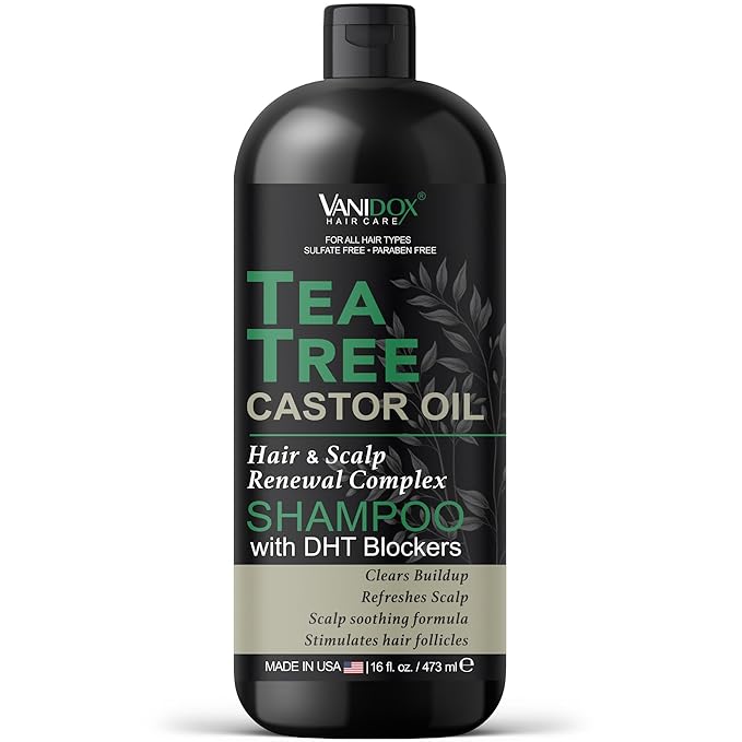 Tea Tree Oil Shampoo with Castor Oil, DHT Blockers, Itchy Scalp Relief, Supports Fuller Hair, Cleanses Dandruff & Buildup, For Men & Women, Made in USA, 16 fl oz