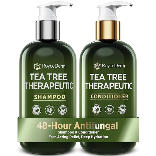 Roycederm Tea Tree Antifungal Shampoo and Conditioner: Complete Scalp Care Solution for Folliculitis, Dry, Itchy, and Flaky Scalp - Infused with Tea Tree Oil, Paraben & Sulfate Free