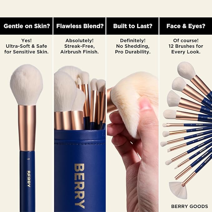 BERRY Blue Premium Makeup Brush Set – 12-Piece Professional Ultra-Soft Synthetic Brushes for Face & Eyes | Foundation, Powder, Blush, Concealer, Eyeshadow – Vegan, Cruelty-Free, Numbered, Travel Case