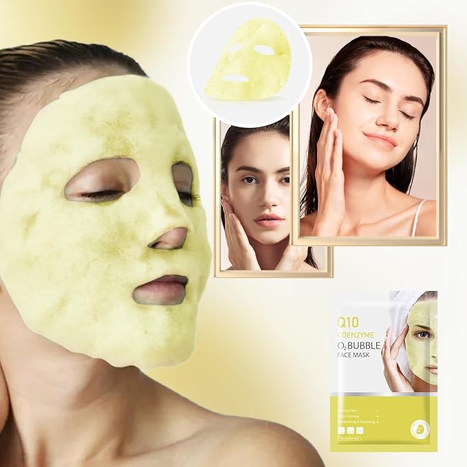 10 Sheets Coenzyme Q10 O2 Bubble Masks for Face, Bubble Face Mask Skincare for All Skin Types, Deep Cleansing Moisturizing Facial Mask Skin Care for Pores, Firming, Purifying, Sheet Masks for Spa