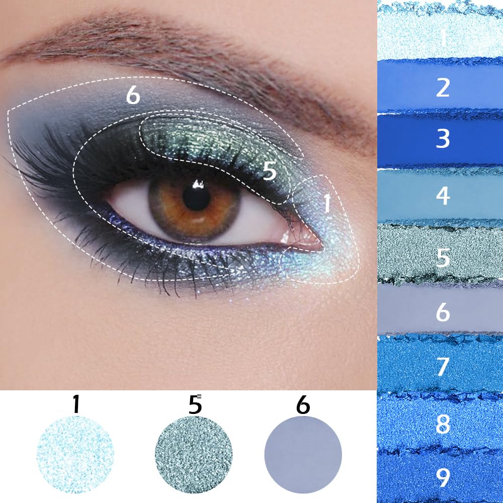 9 Colors Blue Smoky Matte Shimmer Eyeshadow Palette with Mirror for Eye Makeup,High Pigmented Eye Shadow Primers Powder Palet de sombras de ojos