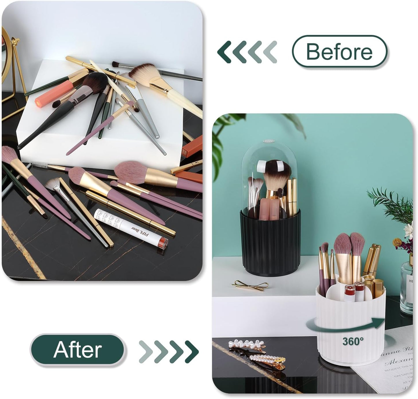 JessLab Makeup Brush Holder Organizer with Lid, 360 Degree Rotatable Spinning Cosmetics Holder Display for Bathroom Vanity Countertop, Black