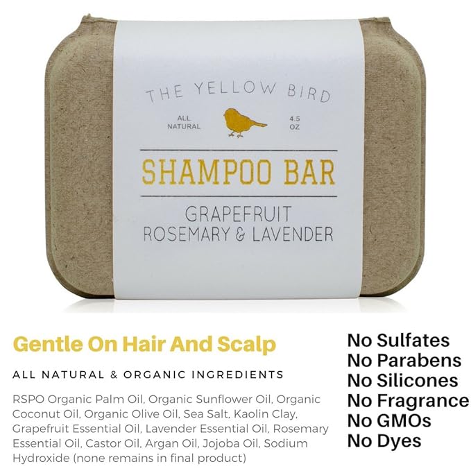 The Yellow Bird Solid Bar Shampoo Soap. Grapefruit, Rosemary, and Lavender. Mild Natural and Organic Ingredients. Sulfate Free. Gentle Scalp + Hair Care