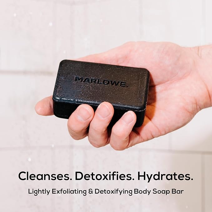 MARLOWE. No. 106 Charcoal Soap 7 oz (12 Bars) Body Bar Soap for Men, Cleansing, Purifying & Hydrating with Natural Extracts, Shea Butter, Olive Oil & Green Tea Extracts, Fresh Woodsy Scent