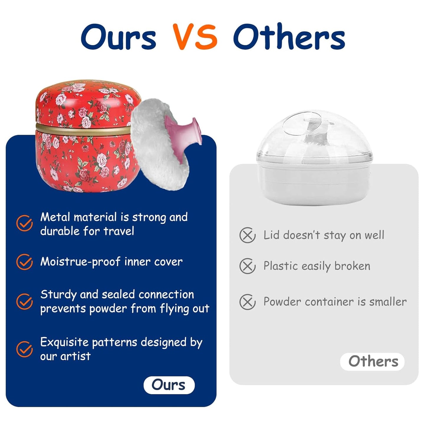 Body Powder Puff and Container for Dusting Powder, Women Powder Puff and Powder Case for Bath and Travel (Red Rose)