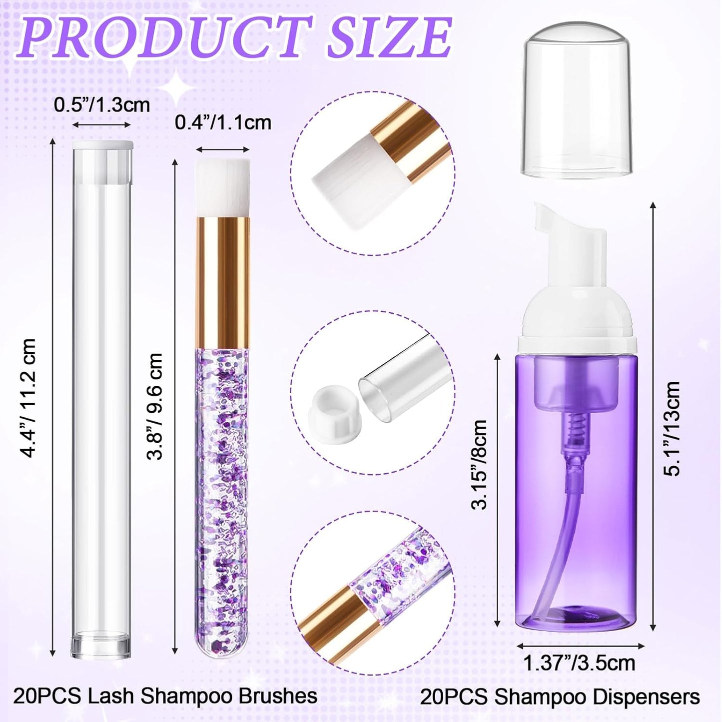 Zhehao 80 Pcs Lash Shampoo Bottle Brushes Kit 20 Foam Pump Dispensers 20 Lash Shampoo Brushes 20 Eyelash Aftercare Bag 20 Cleaning Pipes, Eyelash Extension Supplies(Purple)
