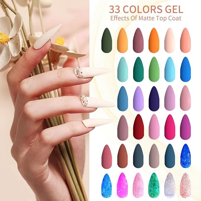 JEWHITENY Gel Nail Polish Kit, 36 Pcs 7ML Soak Off Gel Polish Set Pink Blue Green Yellow Gel Nail Kit Glitter Nail Art Starter Kit Beauty Gifts