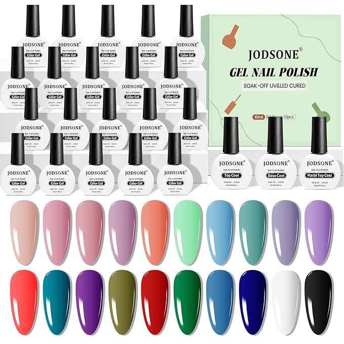 JODSONE Gel Nail Polish 20 Color Blue Red Matching Base Coat Glossy and Matte Top Coat 23 Bottles of 10ml Professional Nail Care Use