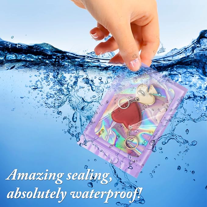 100 Pieces Smell Proof Mylar Bags, Holographic Packaging Bags, Resealable Odor Foil Pouch Zipper Bag with Clear Window for Food Storage and Lipgloss, Jewelry Lash (Purple, 3 x 4.7 Inch)