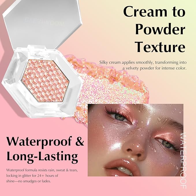 Rose Gold Glitter Eyeshadow Palette, Multichrome Chameleon Cream to Powder Eye Shadow, Color Shifting Holographic Eyeshadow Shimmer Inner Corner Eye Brightener Highlighter Makeup