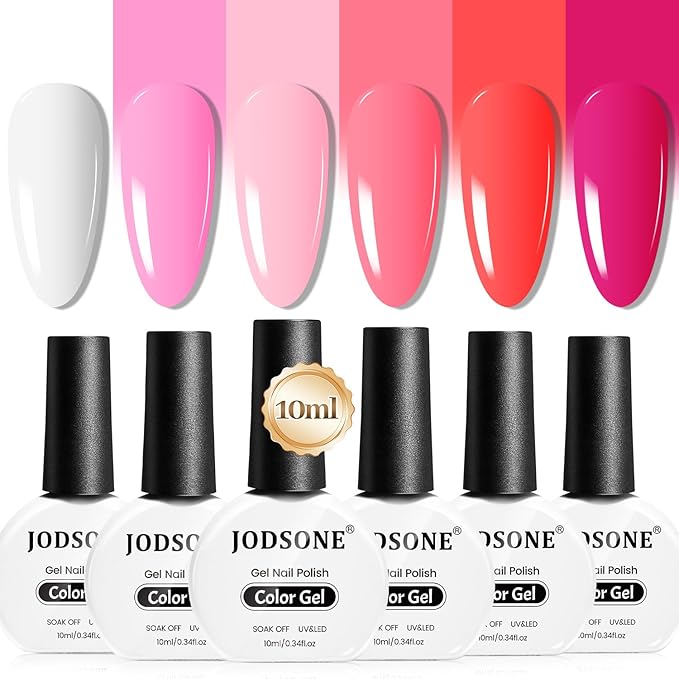 JODSONE 10ml 6 Colors Red Rose Pink Gel Nail Polish Set All Seasons Soak off U V Lamp Gel Manicure Set for Nail Art Long Lasting Valentine's Day Gifts for Her