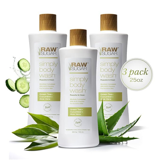 RAW SUGAR Sensitive Skin Simply Body Wash - Green Tea + Cucumber + Aloe Vera, Moisturizing & Brightening Bath & Shower Gel, Sulfate-Free, Paraben-Free & Vegan (Pack of 3)