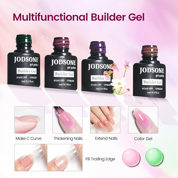 JODSONE Builder Gel Nail Kit with U V Light Base Top Coat 21 Colors High Shine Builder Gel and 100 PCS Extension Stickers