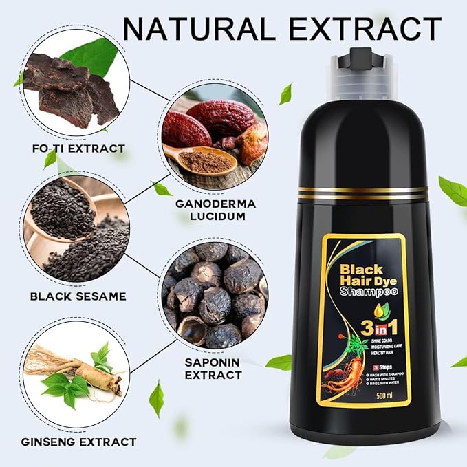 Black Hair Dye Shampoo 3 in 1 for Women/Men for Gray Coverage Instant Hair Color Shampoo Semi Permanent Champu Para Cana