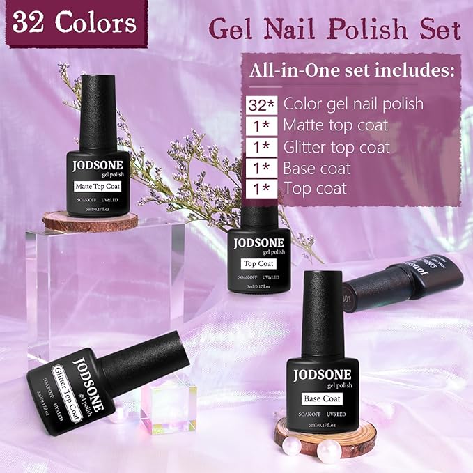 JODSONE Gel Nail Polish Starter Set Ribbon Glitter Summer Light Winter Dark Glossy 36-Piece Multi-color Gel Nail Polish Set