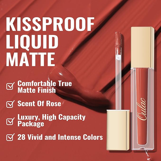 Oulac Matte Liquid Red Lipstick, Orange Tone, Long Lasting, Waterproof, No Transfer, Creamy High Pigmented Formula with Vitamin E, Vegan & Cruelty-Free