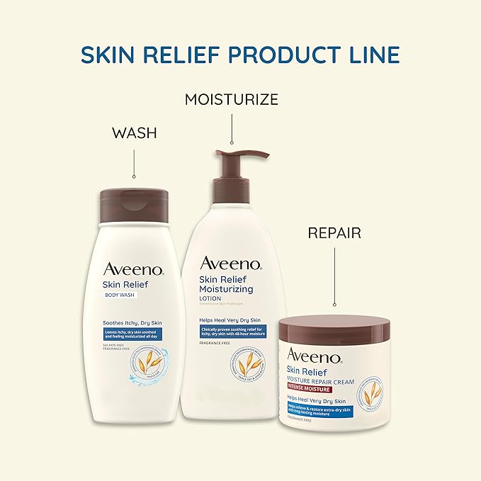 Aveeno Skin Relief Fragrance-Free Moisturizing Lotion for Sensitive Skin, with Natural Shea Butter & Triple Oat Complex, Unscented Therapeutic Body Lotion for Itchy, Extra-Dry Skin, 18 fl. oz