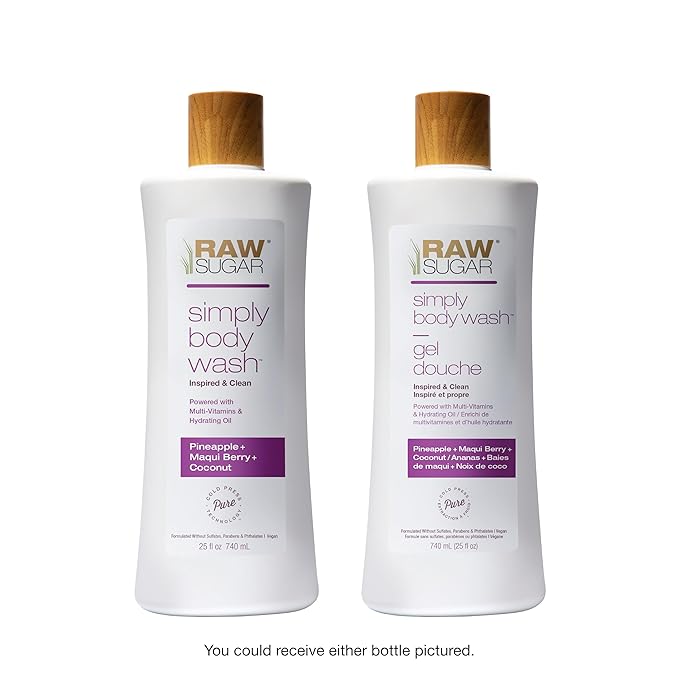 RAW SUGAR Simply Body Wash - Pineapple + Maqui Berry + Coconut, Moisturizing & Brightening Bath & Shower Gel, Sulfate-Free, Paraben-Free & Vegan (Pack of 3)