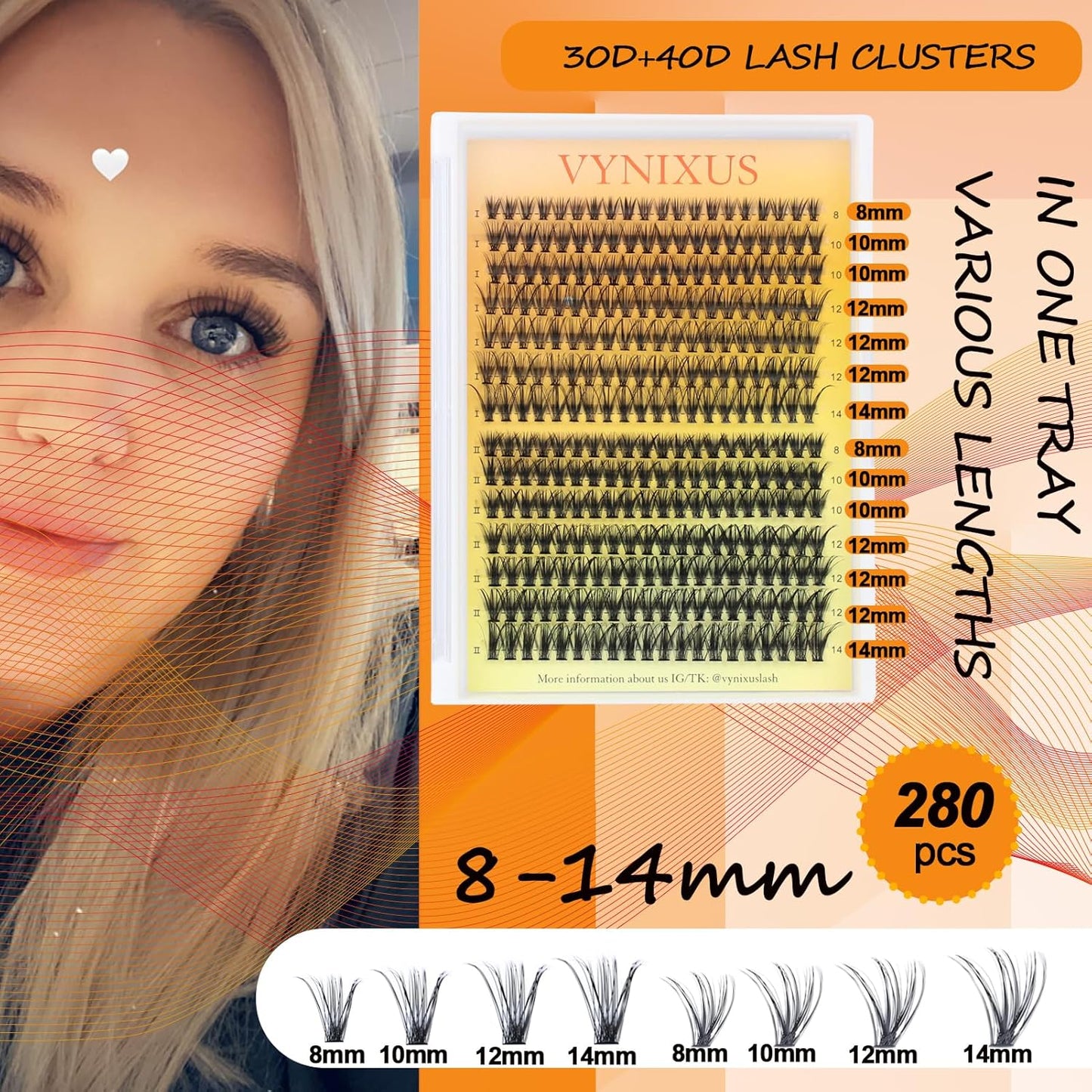Lash Clusters 280pcs Individual Lashes Mixed Tray Eyelash Clusters VYNIXUS Cluster Eyelash Extensions Natural Cluster Lashes Soft (30D/40D-0.07D-Mix8-14)