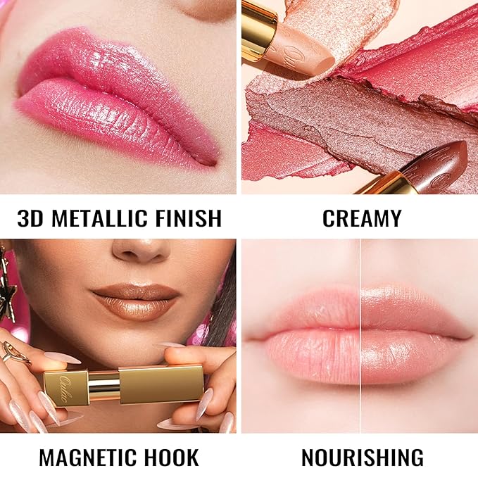 Oulac Pumpkin Color Lipstick with Metallic 3D Shine Hydrating Formula, High Impact Lip Color, Vegan Beauty, Full Coverage Lip Makeup, Christmas Gifts for Women, Persimmons(19)