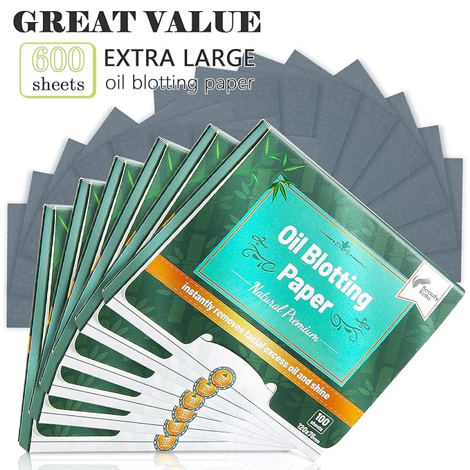 Natural Premium Oil Blotting Paper for Oily Skin with Bamboo Charcoal,26% Larger Oil Blotting Sheets for Face,Makeup Friendly Oil Absorbing Sheets 600 Sheets