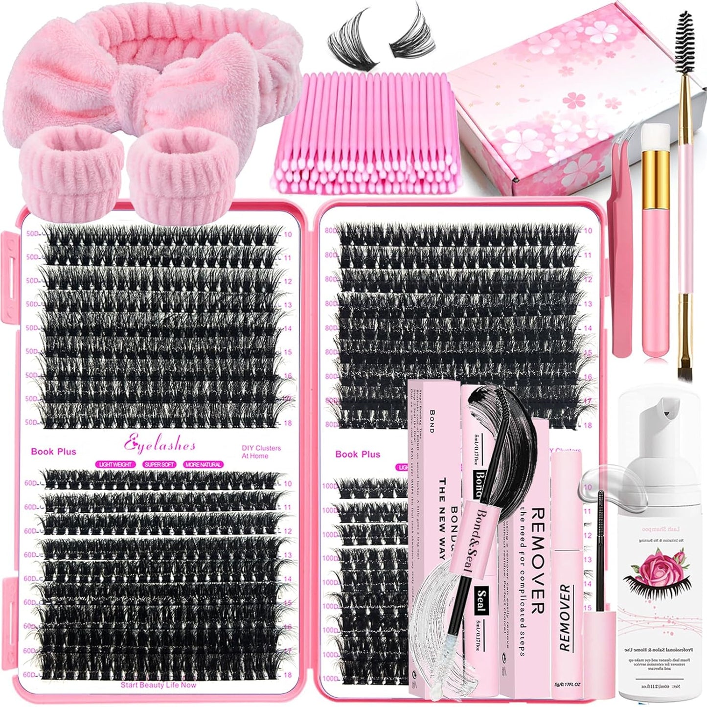 DIY Lash Extension Kit 684Pcs D Curl 10-18mm Lashes Clusters with Lash Shampoo Lash Bond and Seal Glue Remover Cleansing Brush Headband Wristband Tweezers Eyelash Brush Applicator