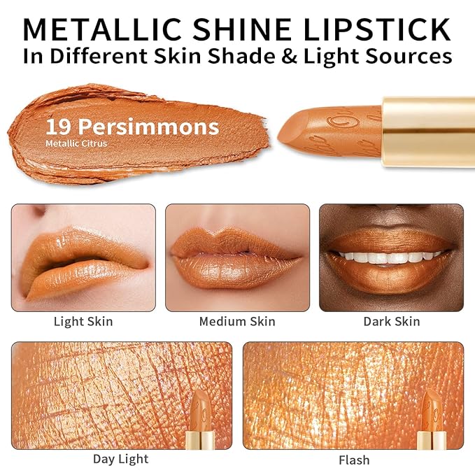 Oulac Pumpkin Color Lipstick with Metallic 3D Shine Hydrating Formula, High Impact Lip Color, Vegan Beauty, Full Coverage Lip Makeup, Christmas Gifts for Women, Persimmons(19)