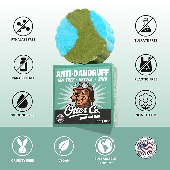 Otter co. Anti Dandruff Tea Tree Shampoo Bar – Nettle, Zinc, Green Tea, Apple Cider Vinegar, Anti Fungal Shampoo – Vegan, Natural, Cruelty & Sulfate Free – All Hair Types & Dry Scalp, USA Made