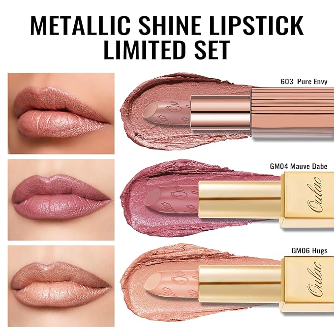 Oulac Metallic Nude Lipstick Set 3PCS, Comfortable Creamy Texture, Smooth No Grainy Feeling, Vegan & Gluten Free, Full-Coverage Lip Makeup, 3 X 4.3 g, 603+GM04+GM06