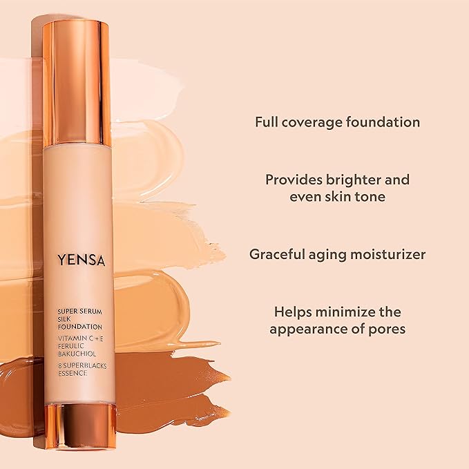 YENSA Super Silk Foundation - Full Coverage, Age-defying complex of Vitamin C, E, Ferulic, and Bakuchiol Oil (Tan 1) 1.0 fl oz
