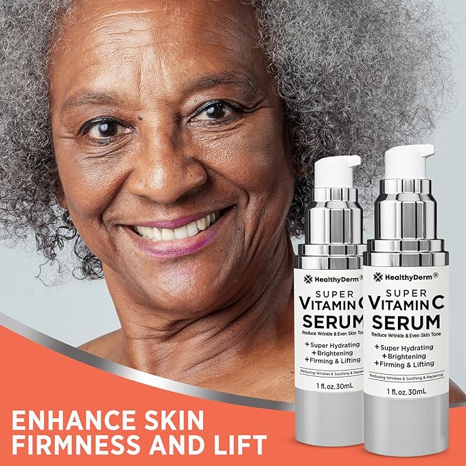 Super Vitamin C Serum for Women Over 70: Niacinamide, Vitamin C, Hyaluronic Acid, Peptides, Vitamin E, Caffeine, Bakuchiol, Hydrating, Lifting, Wrinkle & Age Spots Reduction Pack of 2