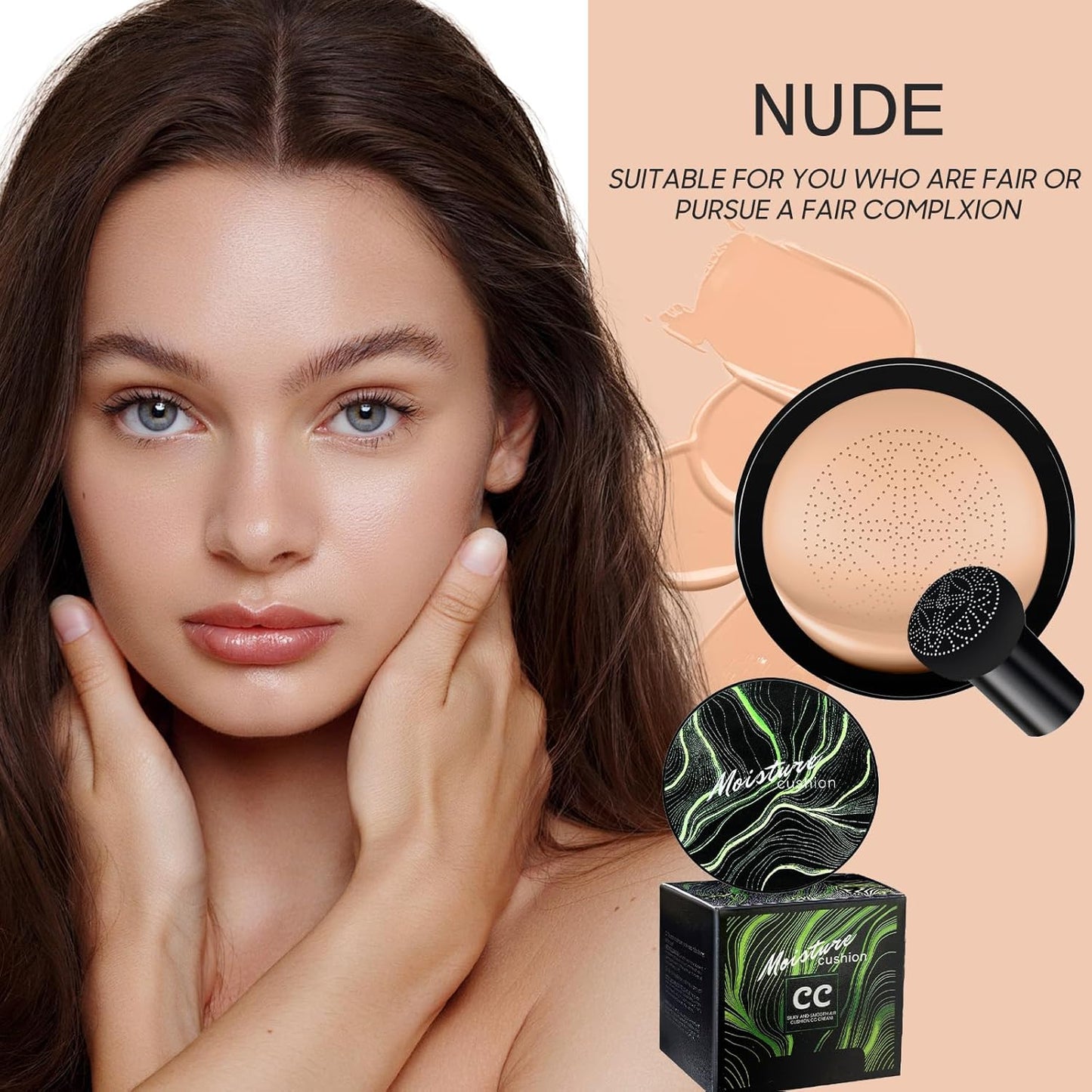 Mushroom Head Air Cushion CC Cream - BB Cream Foundation Makeup Moisturizing Concealer Long-Lasting, Cushion Foundation Full Coverage Self Adjusting for Mature Skin & All Skin Types (Nude)