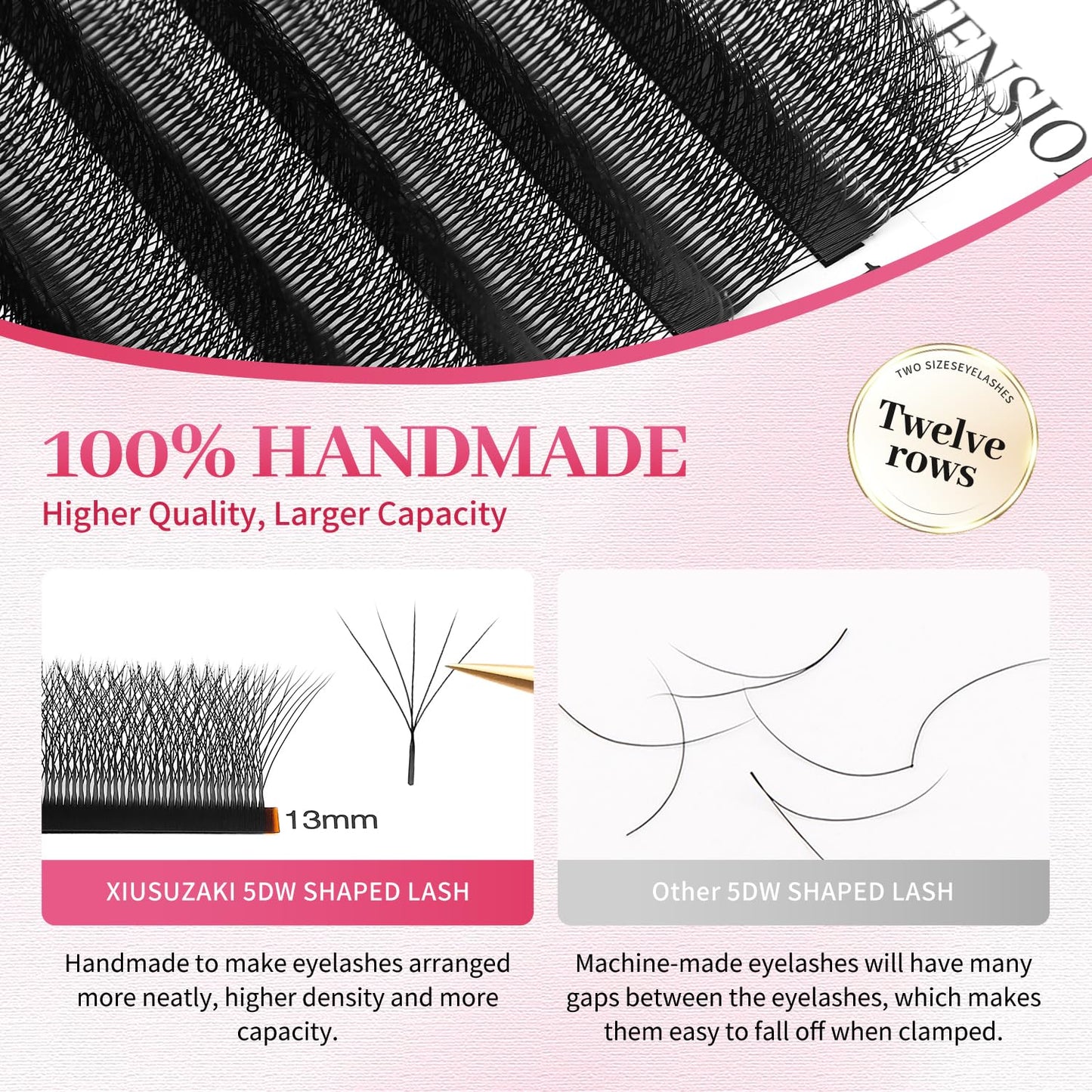 W Lash Extensions Supplies 5D Eyelash Extensions W Shape 0.07mm Thickness D Curl 10mm Premade Fans Easy Fan Lashes Volume Matte Black 12 Rows Crisscross Eye Lashes(W-5D-0.07-D,10mm)