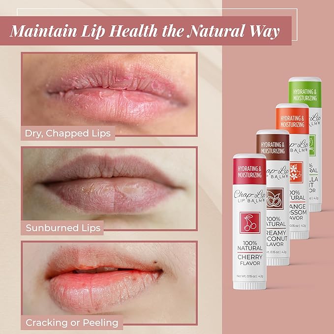 100% Natural Lip Balm Set, Hydrating and Moisturizing Beeswax Natural Flavor Assortment, Lip Moisturizer for Dry Lips, Cocoa Butter, Petroleum Free, 8 Count, 2 Pack