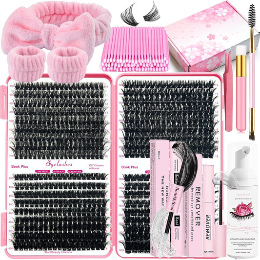 DIY Lash Extension Kit 630Pcs 10-18mm D Curl Lashes Clusters with Lash Bond and Seal Glue Remover Lash Shampoo Cleansing Brush Headband Wristband Tweezers Eyelash Brush Applicator