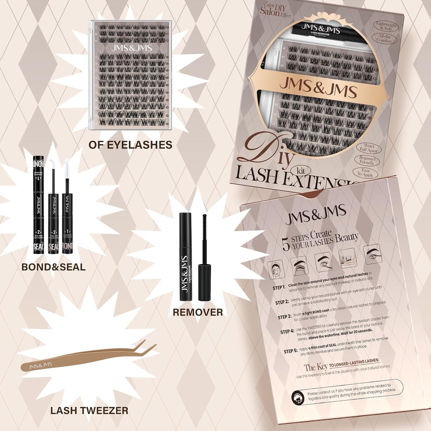 JMS&JMS Lash Clusters Kit Lash Extension Kit with Lash Bond and Seal Eyelash Applictor Lash Remover Eyelash Brush Lash Extension Kit for Beginner (3D BABY SOFIA-8-18mix)