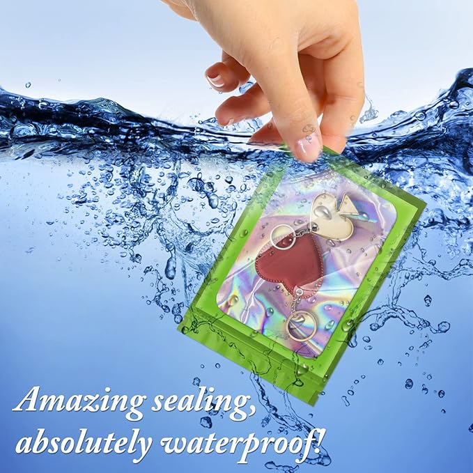 100 Pack Holographic Bags,Smell Proof Packaging Bags, Clear Window Resealable Odor Foil Pouch Mylar Bags for Food Storage and Lipgloss, Jewelry Lash(Green, 2.4 x 3.9 Inch)