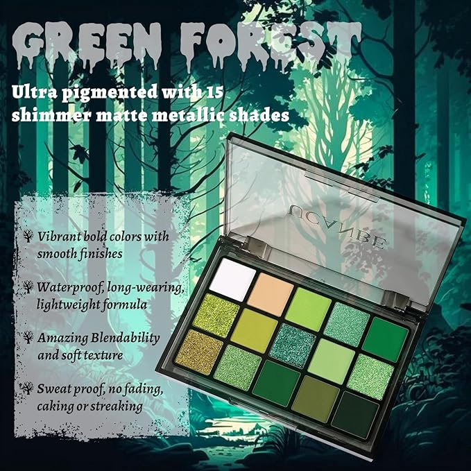 UCANBE Green Eyeshadow Makeup Palette, 15 Colors Bright Dark Green Shimmer Matte Metallic Glitter Eye Shadow, Forest Emerald Lime Pallet Kit for Cosplay Parties Christmas Halloween SFX