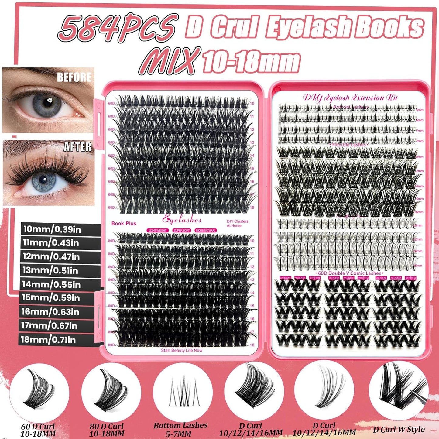 DIY Lash Extension Kit 584 Pcs Lashes Clusters with Bottom Lashes Lash Bond and Seal Glue Remover Lash Shampoo Cleansing Brush Headband Wristband Tweezers Eyelash Brush Applicator