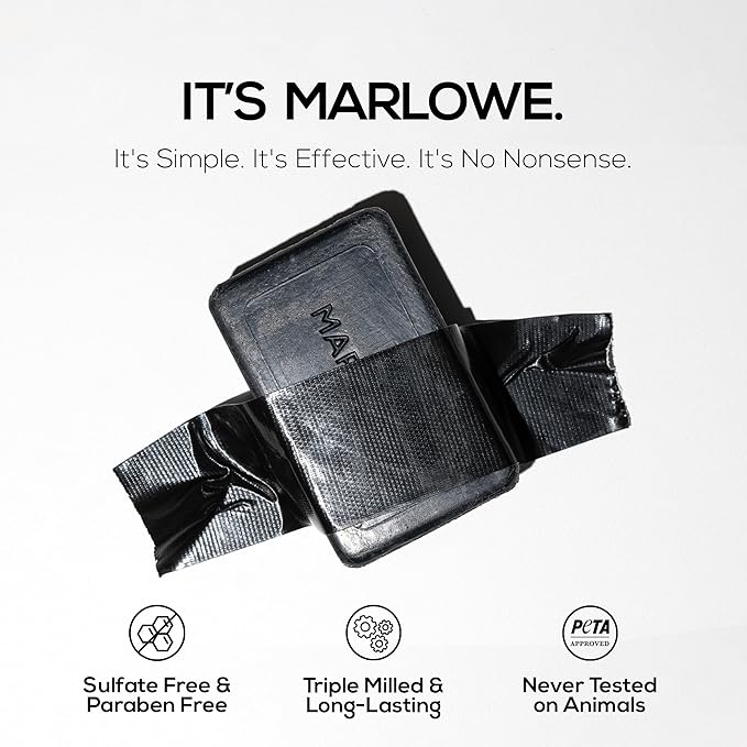 MARLOWE. No. 106 Charcoal Soap 7 oz (3 Bars) Body Bar Soap for Men, Cleansing, Purifying & Hydrating with Natural Extracts, Shea Butter, Olive Oil & Green Tea Extracts, Fresh Woodsy Scent