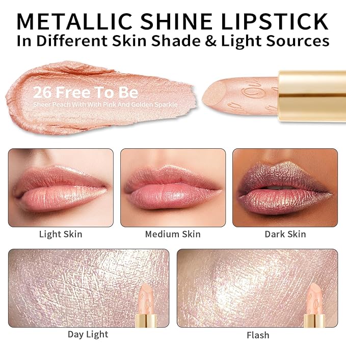 Oulac Glitter Lipstick for Women with Metallic 3D Shine Lightweight Hydrating Formula, High Impact Lip Color, Vegan Beauty, Sheer Coverage Lip Makeup, Christmas Gifts for Women, Free to be(26)