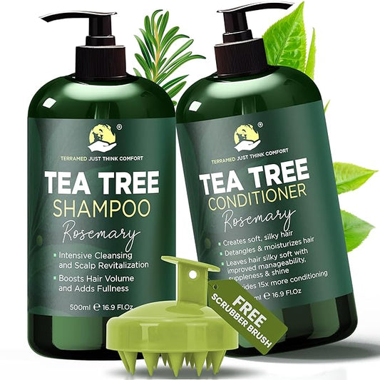 Rosemary Shampoo and Conditioner Set Infused with Tea Tree & Rosemary Oils for Scalp Relief and Hair Growth | Sulfate Free, Soothes Dry Scalp, Boosts Shine + Free Scalp Brush | 16.9 fl oz