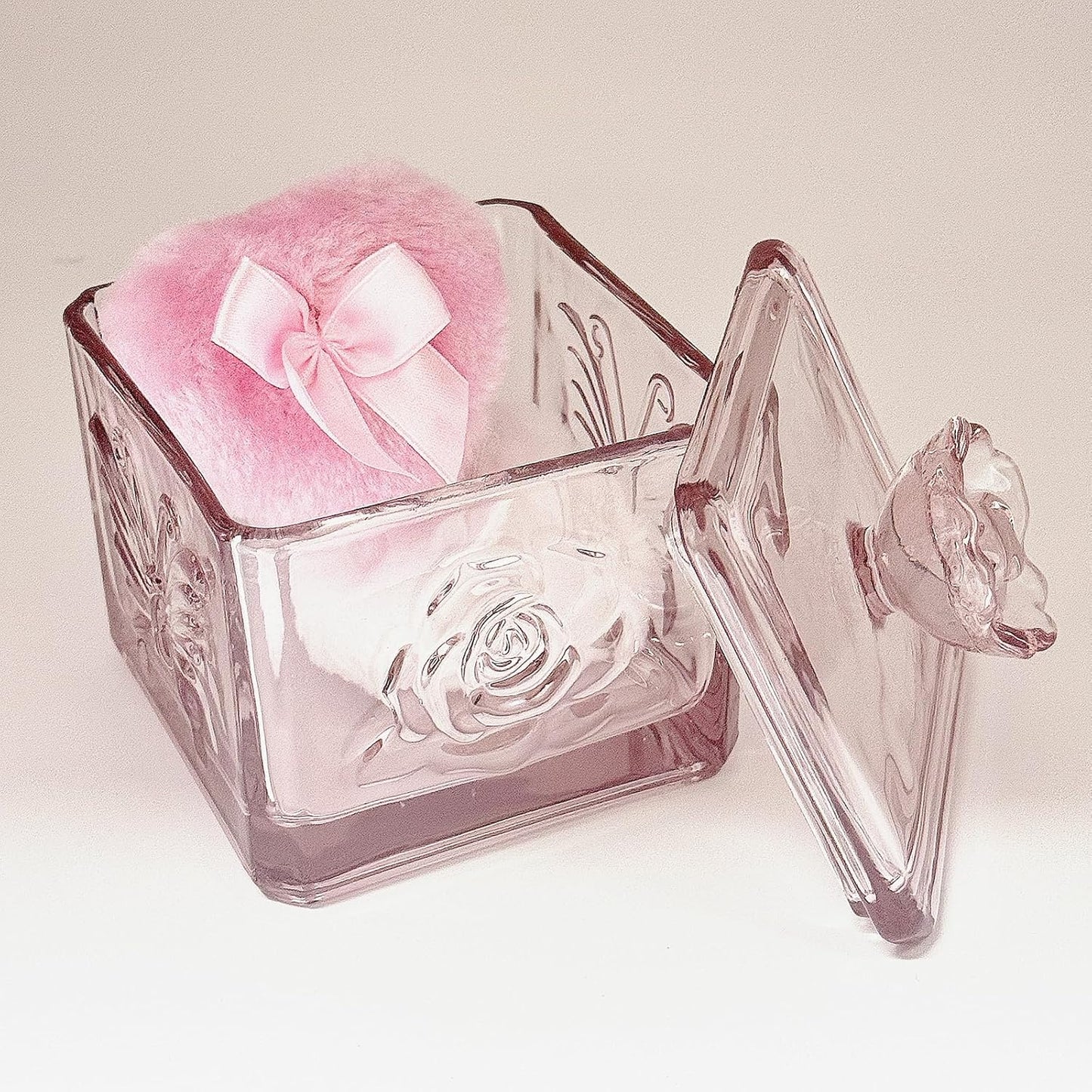 Body Powder Puff and Container - Glass Dusting Powder Container with 2 Soft Puffs – Vintage Powder Puff Case for Women & Girls (3.74x3.74x4.53 H IN)- GRB013-Pink