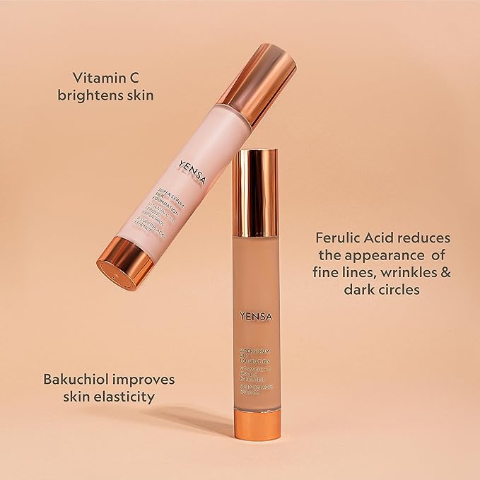 YENSA Super Silk Foundation - Full Coverage, Age-defying complex of Vitamin C, E, Ferulic, and Bakuchiol Oil (Tan 1) 1.0 fl oz