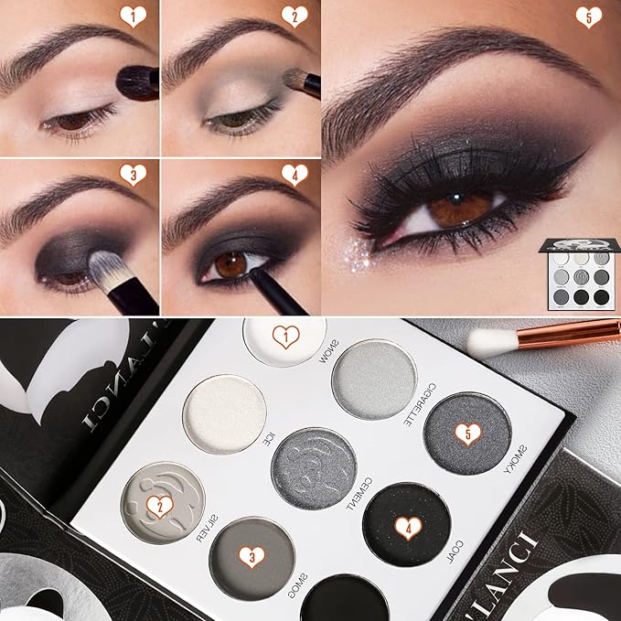 ecofavor Black Smoky Eye shadow Palette, DE’LANCI PANDA 9 Colors True Black Dark Grey Smokey Goth Makeup Pallet, 9 Soft Matte Shimmer High Pigmented Basic Black White Gray Shade for Halloween