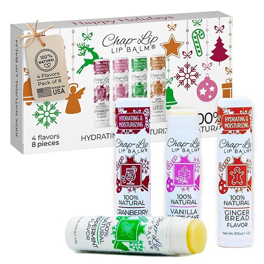 100% Natural Lip Balm Set - Beeswax Natural Christmas Gifts for Her - Ideal Gift for Women - Lip Moisturizer for Dry Lips, Cocoa Butter - Petroleum Free Pack of 8