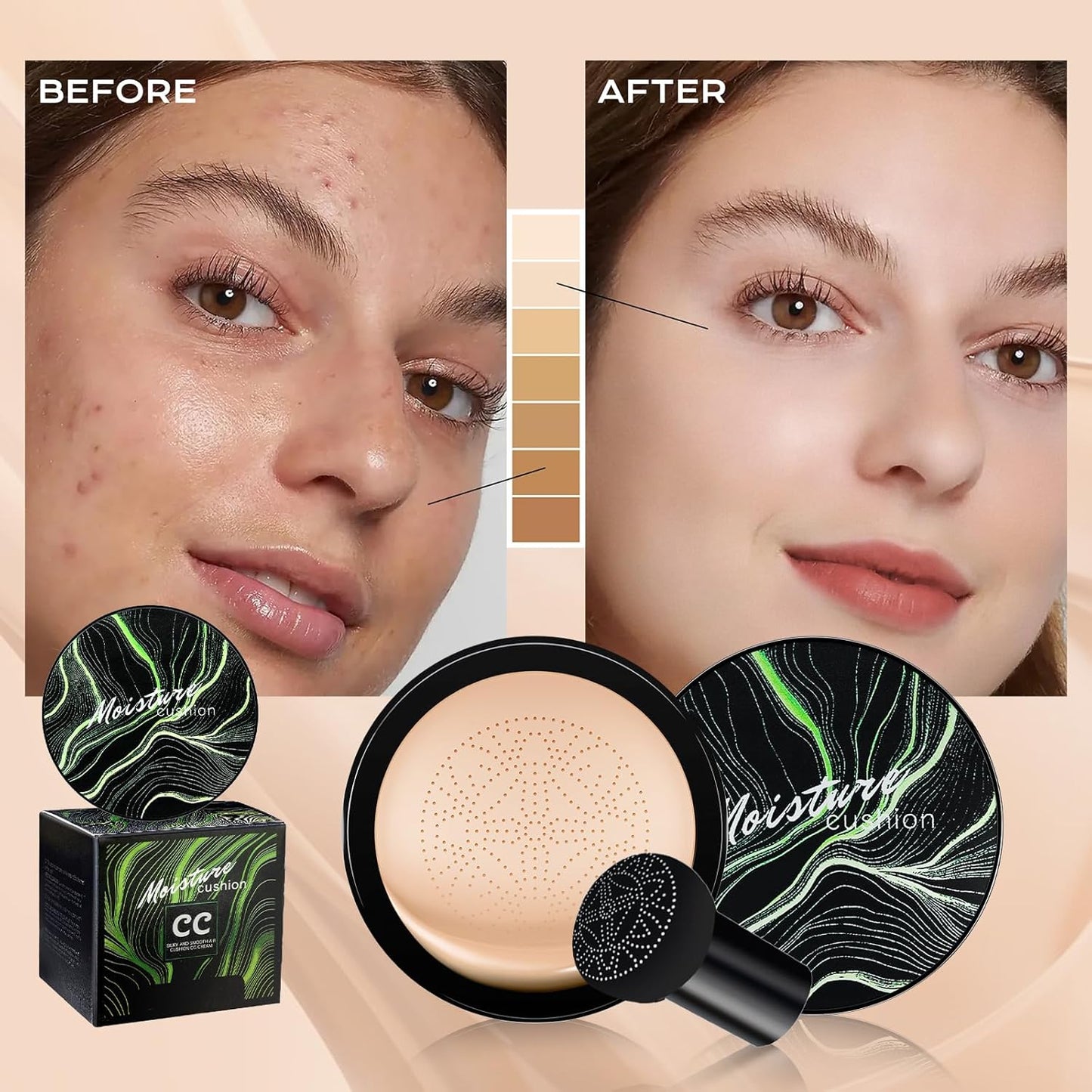 Mushroom Head Air Cushion CC Cream - BB Cream Foundation Makeup Moisturizing Concealer Long-Lasting, Cushion Foundation Full Coverage Self Adjusting for Mature Skin & All Skin Types (Dark Brown)