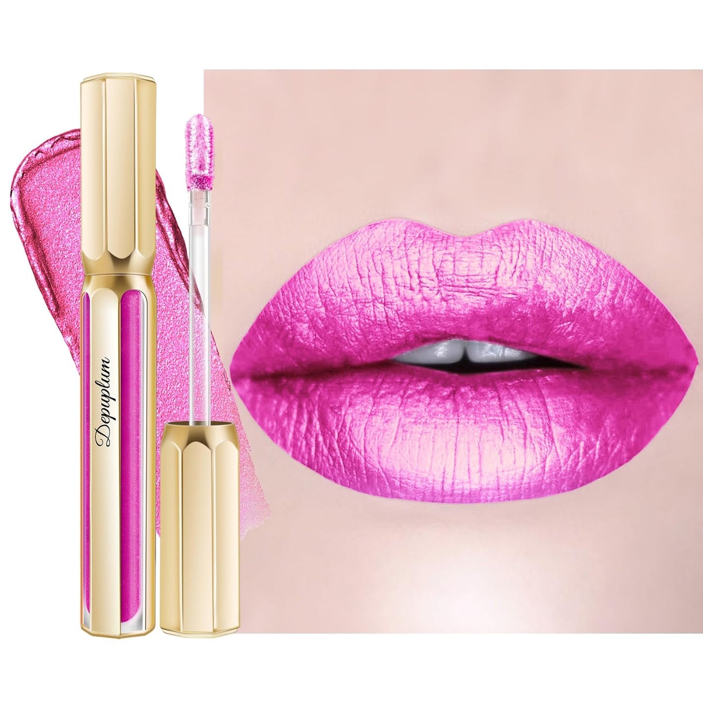 Hot Pink Lipsticks for Women Metallic Lipstick Long Lasting Non Stick Cup Lip Gloss, Shimmer Lightweight Hydrating Full Coverage Lip Color,DP112 Show Girl