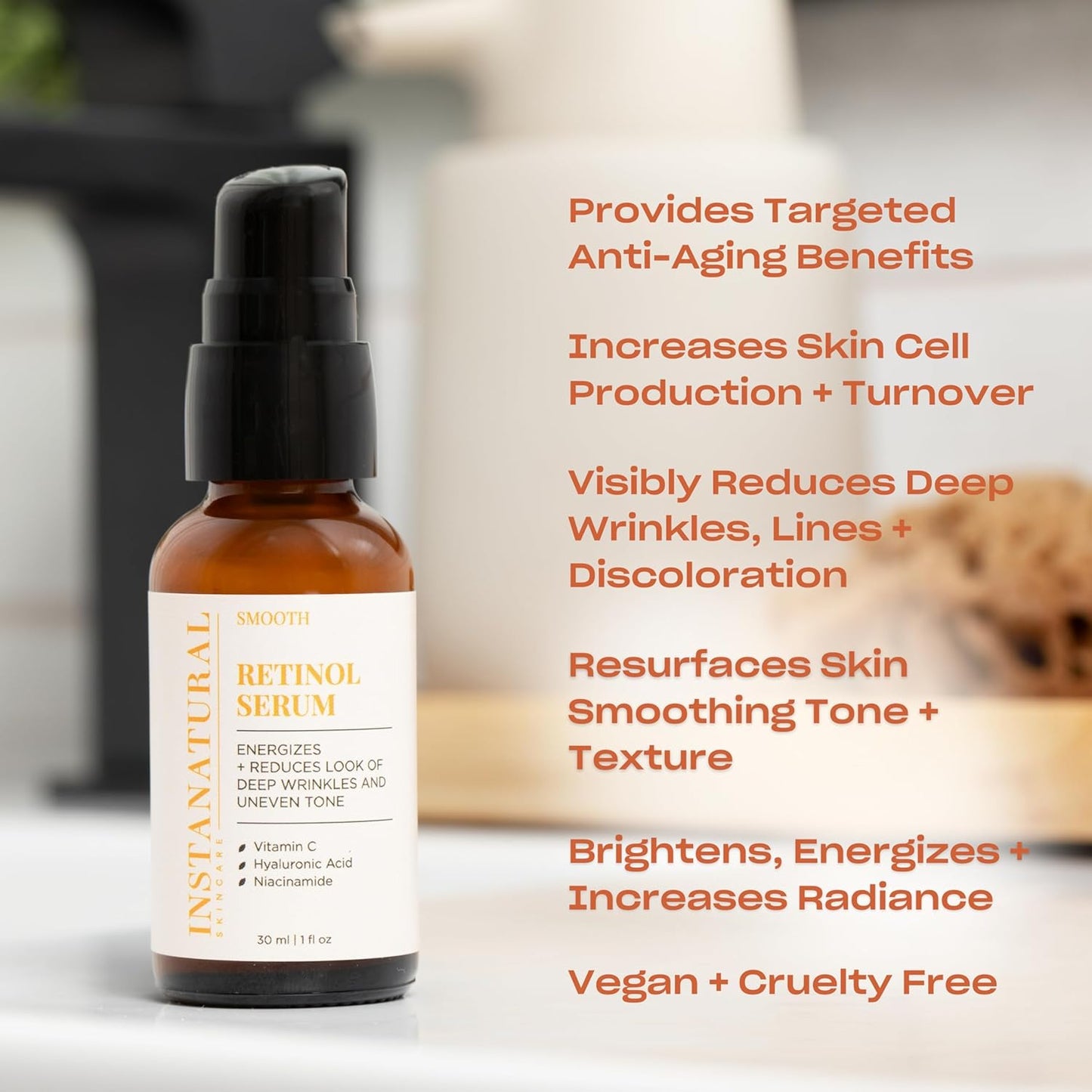 InstaNatural Retinol Serum for Face with Niacinamide, Vitamin C, and Hyaluronic Acid, Anti Aging for Firmer Skin, Lines & Wrinkles & Brightening Serum